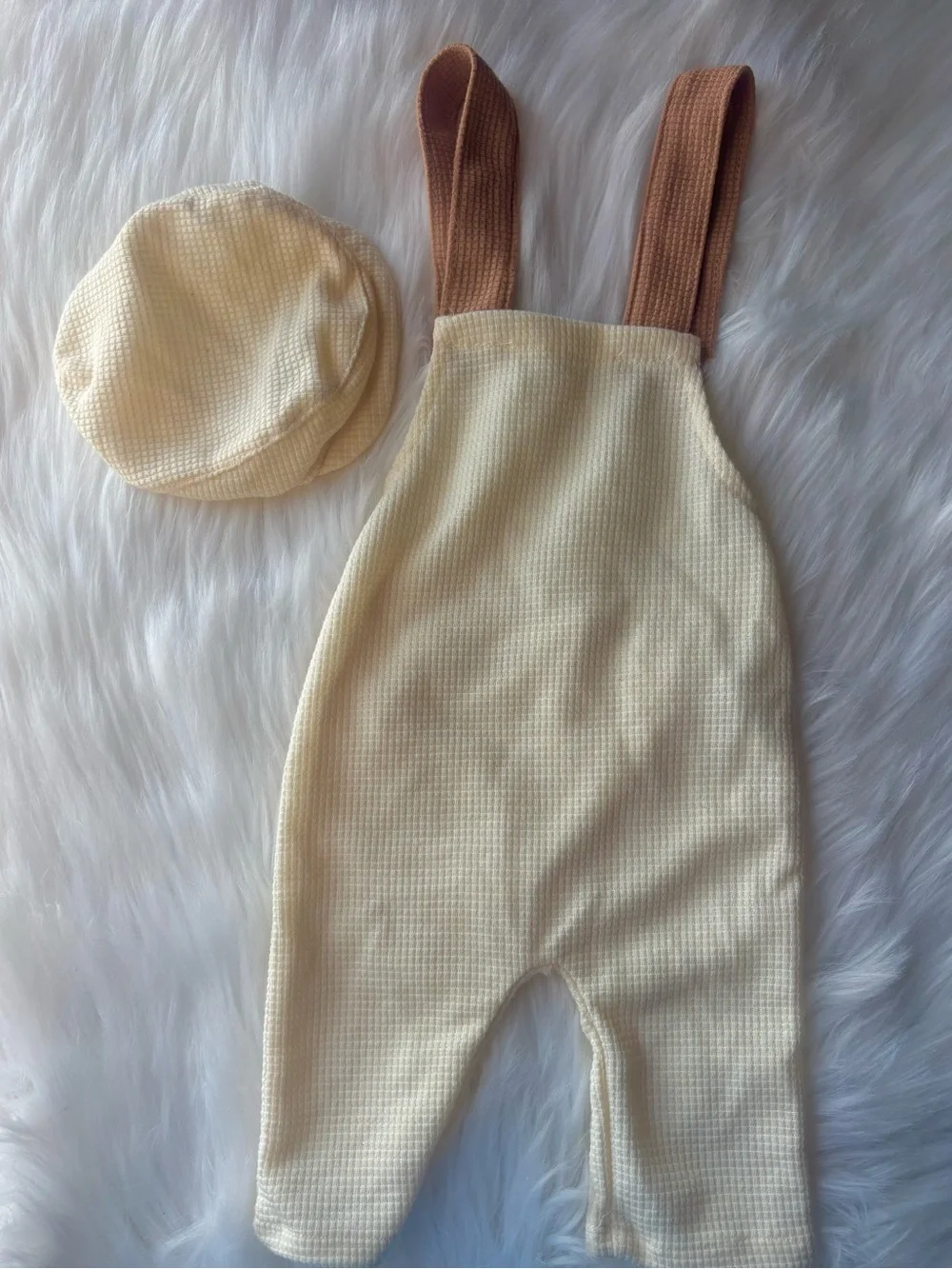 Cream Waffle Knit Overalls with Brown Straps and Matching Hat